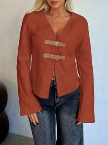 Aloruh Women's Buckled Casual Open Front Raglan Sleeve Jacket, Autumn/Winter - Red - View 7