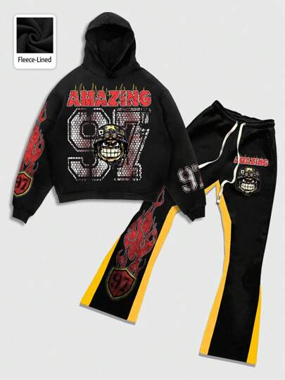 Street Life 2 قطعة/طقم بناطيل مقنعة وبلوفر بنقوش جرافيكية مناسبة للشارع، مناسبة للارتداء في فصلي الربيع والصيف