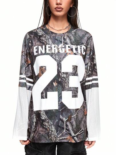 Street Life Camiseta holgada de manga larga para mujer, de estilo callejero y de tendencia, con estampado de números, eslogan y rayas en contraste de malla