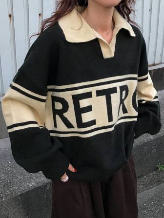 FRIFUL Women Casual Color Block Letter Pattern Loose Pullover Sweater, Autumn/Winter,Long Sleeve Tops,Fall Women Clothes