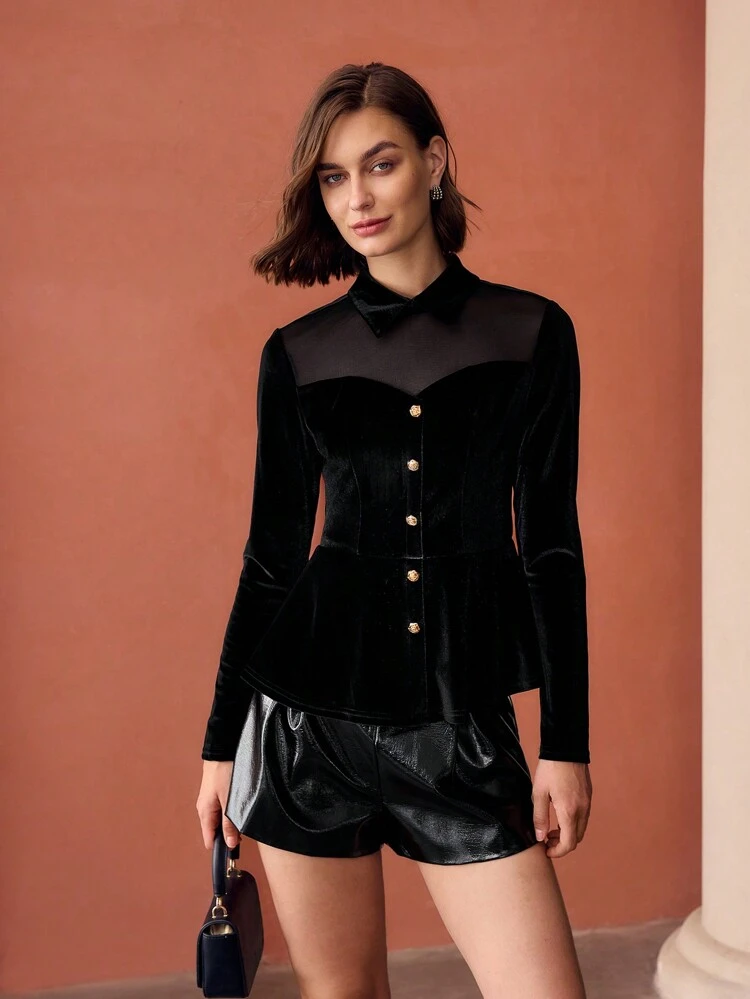 VELVET SHEER MESH YOKE PEPLUM TOP