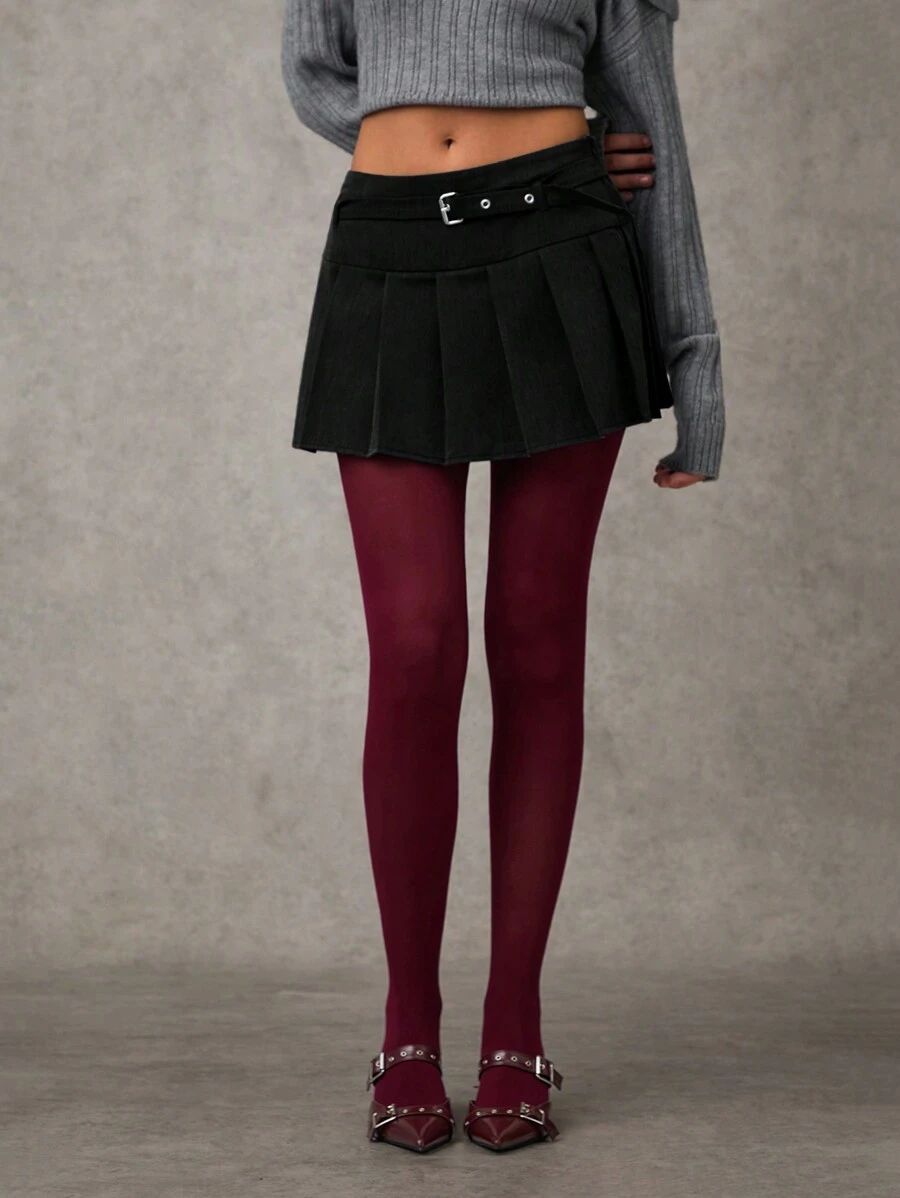 SHEIN BAE Women Gray Solid Color Commuter/Fashionable Versatile/Girlfriends' Gathering/Office Siren/Greyscale Outfit Pleated Casual Mini Skirt/Pleated Mini Skirt/Pleated Woven Twill Skirt/Skater Skirt/Going Out Skirt