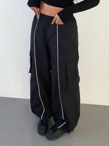 Aloruh 女式工装裤，松紧腰身，拼色设计，实用口袋和抽绳下摆，休闲宽松长裤 - 黑色 - 查看 6