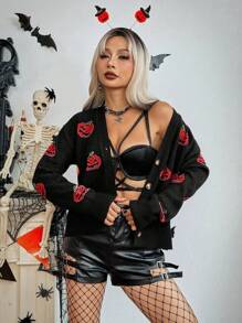 SHEIN Unity 万圣节南瓜印花 V 领落肩针织开衫 - 黑色 - 查看 5