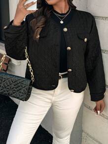 SHEIN Clasi Plus Women Black Casual Crew Neck Long Sleeve Short Fitted Cushion Coat, Quần áo mùa đông cho nữ - màu đen - Xem 5