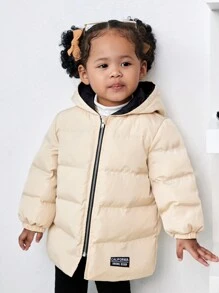 SHEIN 女婴厚款保暖字母印花连帽夹克，百搭秋冬季 - 杏色 - 查看 3