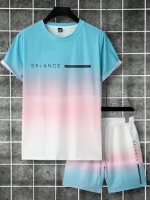 Manfinity Homme مجموعة من 2 قطعة للرجال، تي شيرت بياقة مستديرة وأكمام قصيرة مطبوع عليه حرف، وشورت، ملابس كاجوال مريحة