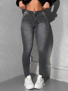 SHEIN ICON 女式前扣口袋修身休闲牛仔裤 - 灰色 - 查看 4