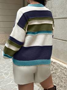 SHEIN Frenchy Plus Size Elegant Casual School Style Striped Contrast Color Round Neck Loose Basic Pullover Sweater, Plus Size, For Winter - Multicolor - View 8