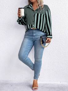 SHEIN LUNE 大码女式条纹落肩长袖单排扣休闲衬衫 - 綠色 - 查看 3