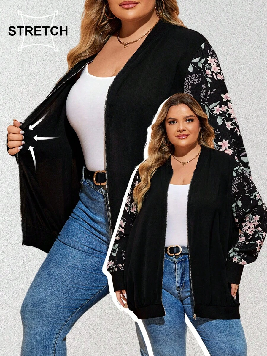 SHEIN CURVE+ Curve Plus Size Flower Printed Zipper Jacket