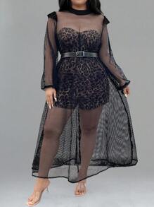 Allurite Robe en maille transparente sexy grande taille + ensemble 2 pièces hauts court bandeau imprimé léopard et short
