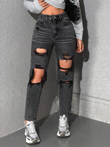 SHEIN EZwear Women's Fashionable Distressed Fitted Denim Jeans - Black - View 3