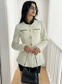 Firerie Women Elegant Refined Minimalist Office/Commute Outwear, Black & White Color Block Metal Button Slim Fit Beige Jacket, Autumn/Winter,Casual,Elegant,White,Long Sleeve