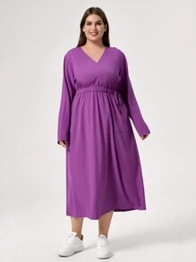 TaskEZ 大码纯色 V 领长袖休闲直筒护士连衣裙，带口袋