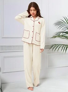 SHEIN طقم بيجامتين من بنطلون طويل مطرز بالكرز الوردي وكارديجان طويل الأكمام، مجموعة ملابس نوم للبنات المراهقات، ملابس منزلية عصرية - لون مشمشي - مشاهدة 5