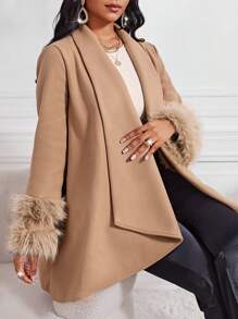 SHEIN Lady 秋冬季卡其色优雅女式大衣袖口毛绒拼接优雅大衣秋装腰带设计大衣风衣女夹克冬季女装女装秋季女装 - 淺粉色 - 查看 4