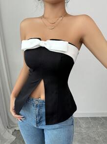 SHEIN Unity Fitted Black Bowknot Decor Tube Top, Versatile And Charming - Black - View 5