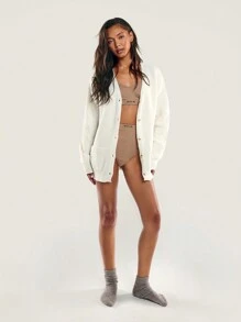 Athîral 女士休闲落肩长袖单排扣开衫，纯色，宽松版型，秋冬 - 杏色 - 查看 6