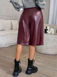 Firerie Women Red High Waist PU Straight Leg Capri Pants - Burgundy - View 6