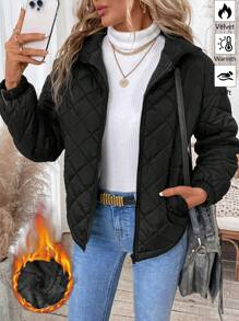 SHEIN LUNE Women Casual Solid Color Thermal Lined Padded Coat, Regular Style For Autumn/Winter - Black - View 3