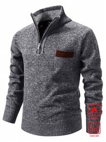Manfinity Mode Men's Casual Colorblock Patch Pocket Half Zip Placket Thermal Lined Sweater, Autumn/Winter Christmas, Long Sleeve Top - Dark Grey - View 4