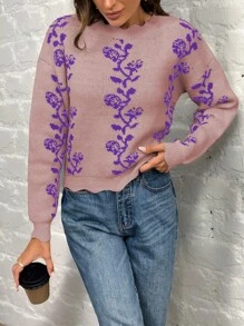 SHEIN LUNE 1pc Women Elegant Shell Trim Blue & White Porcelain Print Long Sleeve Sweater