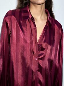 Maija Conjunto de 2 piezas de blusa holgada y pantalones de color marón sólido con rayas para mujer, camisa de manga larga con botones y pantalones, otoño/invierno