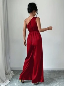 Elenzga 女式缎红色阔腿圣诞派对连体裤 - 紅色 - 查看 2