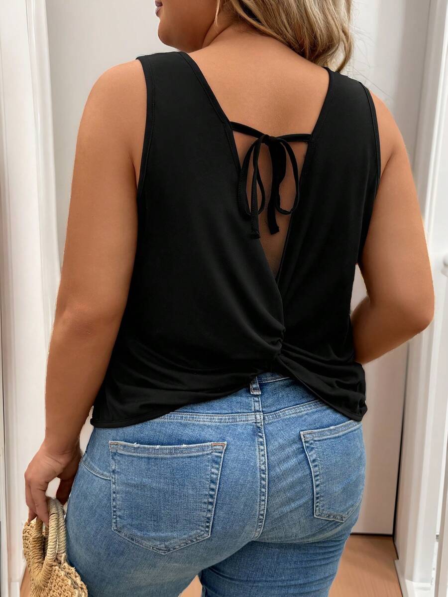 SHEIN LUNE Plus Size Women V-Neck Backless Twist Knot Sleeveless Tank Top - Black - View 1