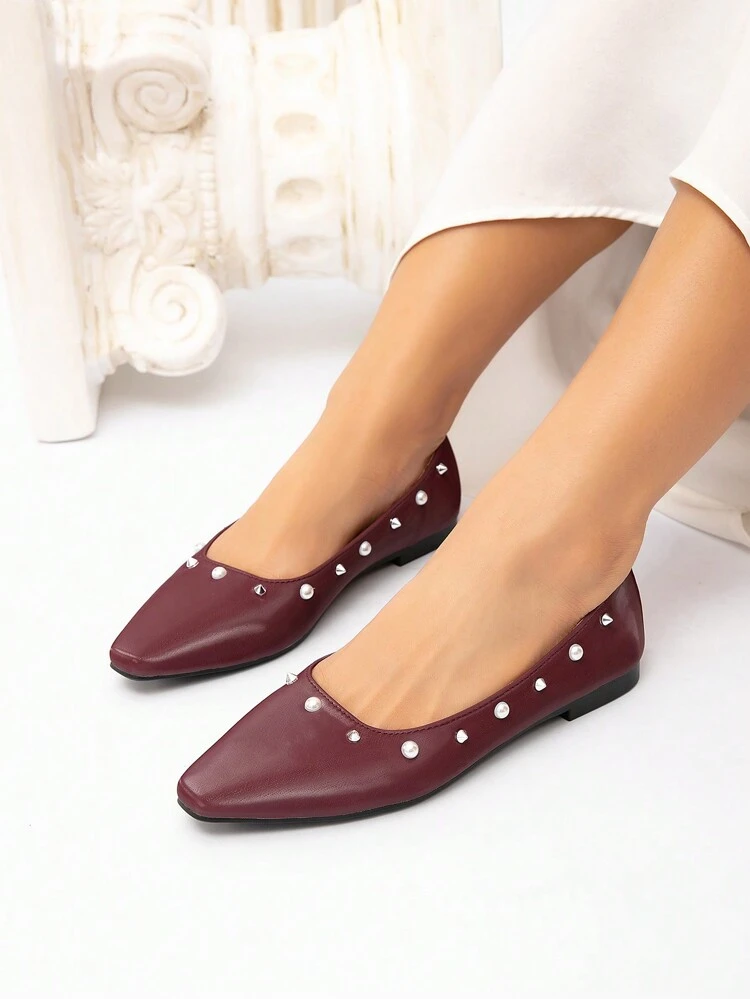 CUCCOO CHICEST Burgundy Rivet & Pearl Decor Elegant Soft Square Toe Flat Shoes For Women