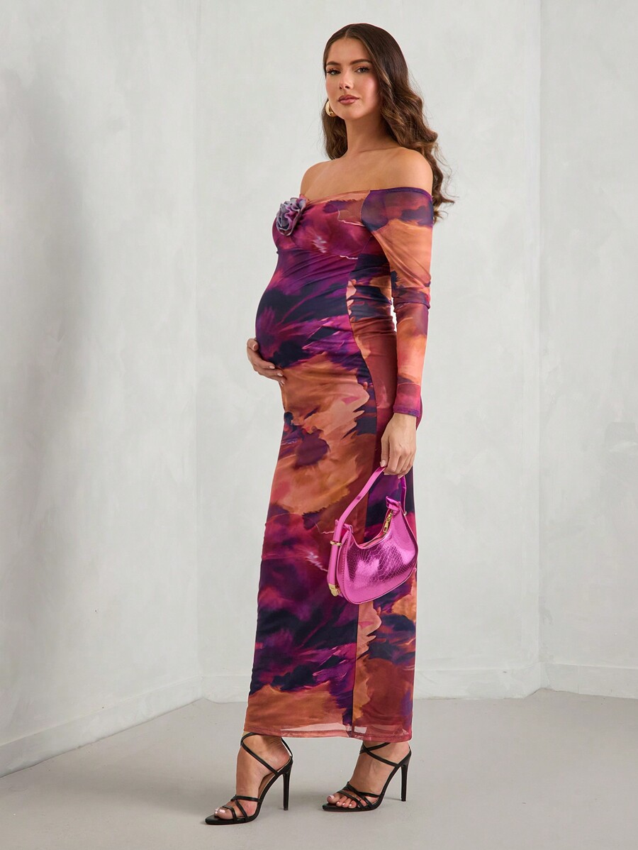 SHEIN MaterniChic Off Shoulder Ruched Rose Flower Decor Dress For
