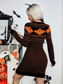 Chiquease Halloween Vibe Vintage Polka Dot Embossed Fitted Tight Bodycon Mini Dress, Stylish For Autumn/Winter, European And American Style