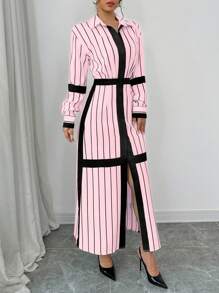 SHEIN Elenzya Đầm Maxi Kẻ Sọc Tay Dài Có Cổ Cho Nữ 2024 - Màu Hồng baby - Xem 5