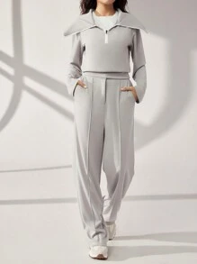 Mulvari 2 pièces Ensemble Top et pantalon de sport décontracté d'automne pour femmes avec couleurs contrastées