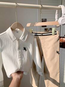 SHEIN 2pcs Young Boys Academia Deer Logo White Collar Long Sleeve Shirt And Pants Set,Family Matching,Back-To-School,Summer,White Outfits For Fall/Winter - Khaki - View 9