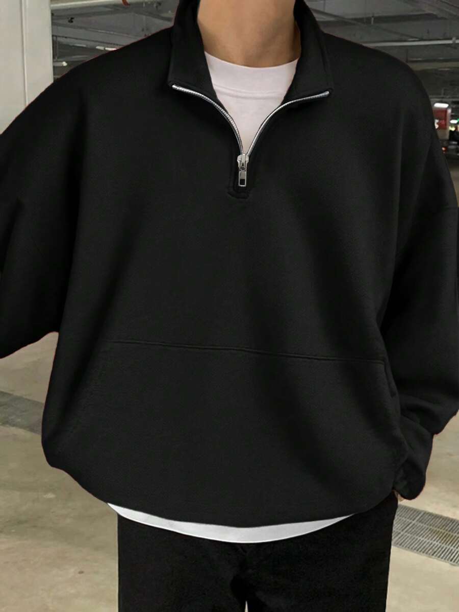 Manfinity Dauomo 男士半拉链长袖套头卫衣，休闲时尚，适合校园和秋季穿着。 - 黑色 - 查看 1