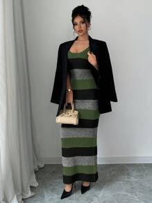 Selianne 女士宽松宽肩带条纹毛衣裙，休闲日常穿着 - 綠色 - 查看 3