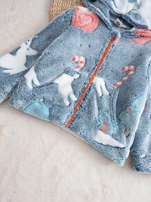 Cozy Pixies Baby Boy Cartoon Dinosaur Pattern Round Neck Long Sleeve Button-Up Fleece Thick Jacket For Autumn/Winter, For Christmas - Multicolor - View 5