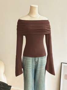 SHEIN Privé 女士黑色露肩不对称袖针织上衣 - 棕色 - 查看 3