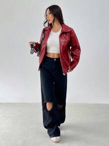 SHEIN PETITE Drop Shoulder Zip Up Black PU Jacket - Burgundy - View 4