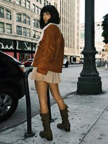 SHEIN EZwear Brown Fluffy Women's Regular Jacket, Suitable For Winter - Brown - View 2