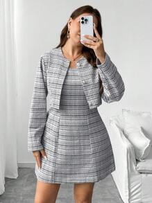 Franclia Plus Size Women Autumn/Winter 2pcs Set: Elegant Tweed A-Line Mini Dress And Tweed Pearl Button Short Jacket, Bodycon Design