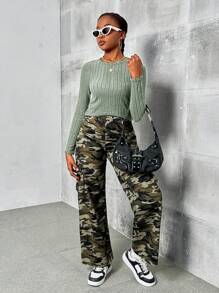 SHEIN Ensemble sport casual 2 pièces : top à manches longues froncé à rayures moelleuses et pantalon large de camouflage pour adolescentes