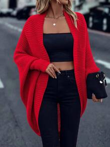 EMERY ROSE 1pc Solid Color Casual Asymmetric Hem Knitted Long Sleeve Cardigan For New Year Clothes Fall Winter Cloth For Women - Red - View 1