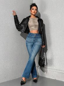 SHEIN EZwear Women Button Front Flare Leg Casual Versatile Jeans - Blue - View 2