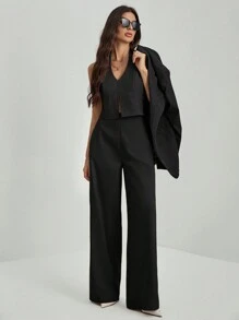 SHEIN Tall 办公室女士V领露背无袖上衣+阔腿裤修身加长套装 - 黑色 - 查看 7