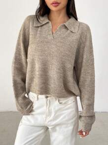 SHEIN PETITE Women's Casual Crew Neck Long Sleeve Knit Sweater