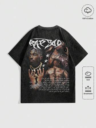 Zufälliger Schmetterling & Gothic Schrift Muster Snow Washed T-Shirt, Punk Stil