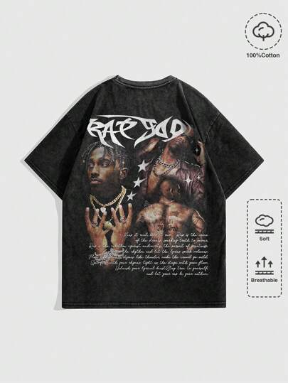 Camiseta estilo punk con estampado de mariposa y fuente gótica, lavado en nieve